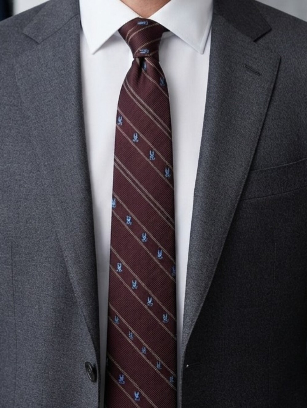 Psycho Bunny Burgundy Striped Tie with Blue Motifs, Silk